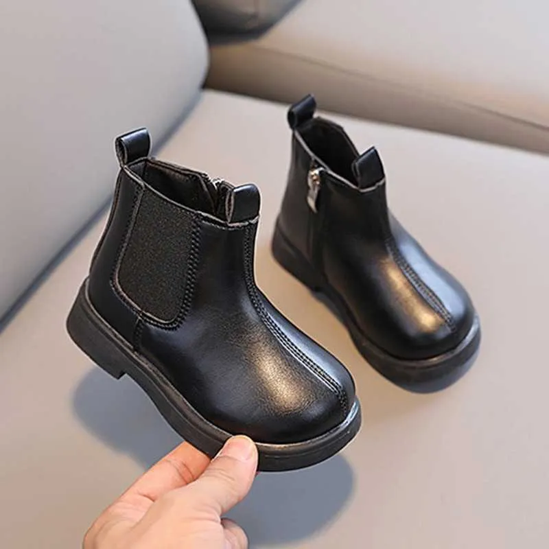 Flat shoes Jlong Casual Comfortable Short Autumn Winter Boys Girls British Leather Fashion Shoes Kids Zipper Anti-slip Martin Boots P230314