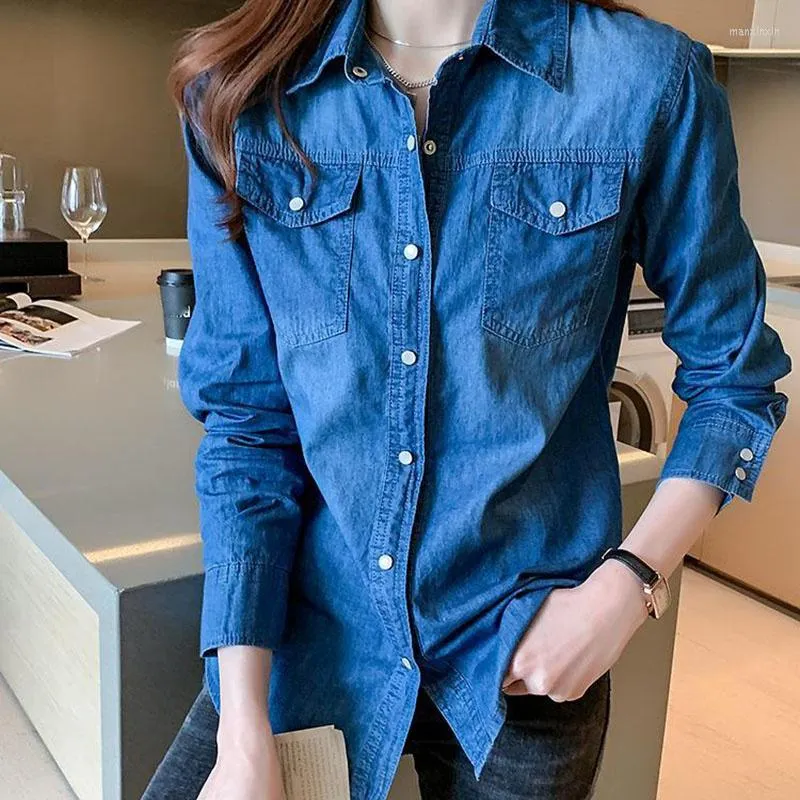 Frauen Blusen Blau Denim Shirt Frauen 2023 Frühling Herbst Taschen Langarm Tops Mode Taste Turndown Kragen Jacke Weibliche