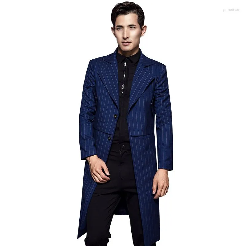 Men's Trench Coats England Style Men Coat Daily Smart Casual British Stripe Jacket Outwear Korean Business Wide-waisted