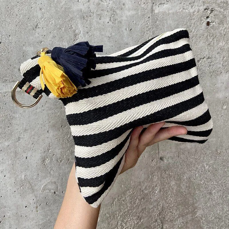 Bolsas de cosméticos organizadores de maquiagem de bolsas listradas femininas Taquel Tassel Tanketness Stripe Zipper Canvas