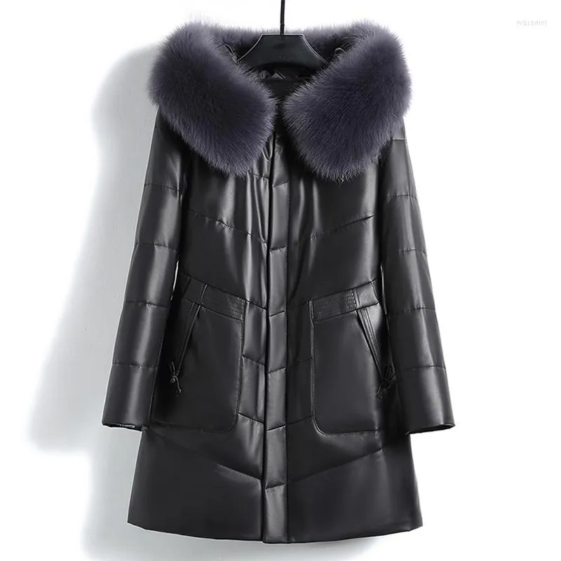Womens Leather 2023 Winter Womens 90% White Duck Down Jacket Long Female Hooded Fur Woman Clothes Monteau Femme WPY468