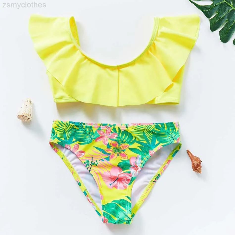 Kvinnors badkläder 5-14y Barn/tonårsflickor Bikini Swimsuit Set Ruffle Flounce Floral 2022 Nya tvåstycken Bikinis badkläder Beachwear Bathing Suits