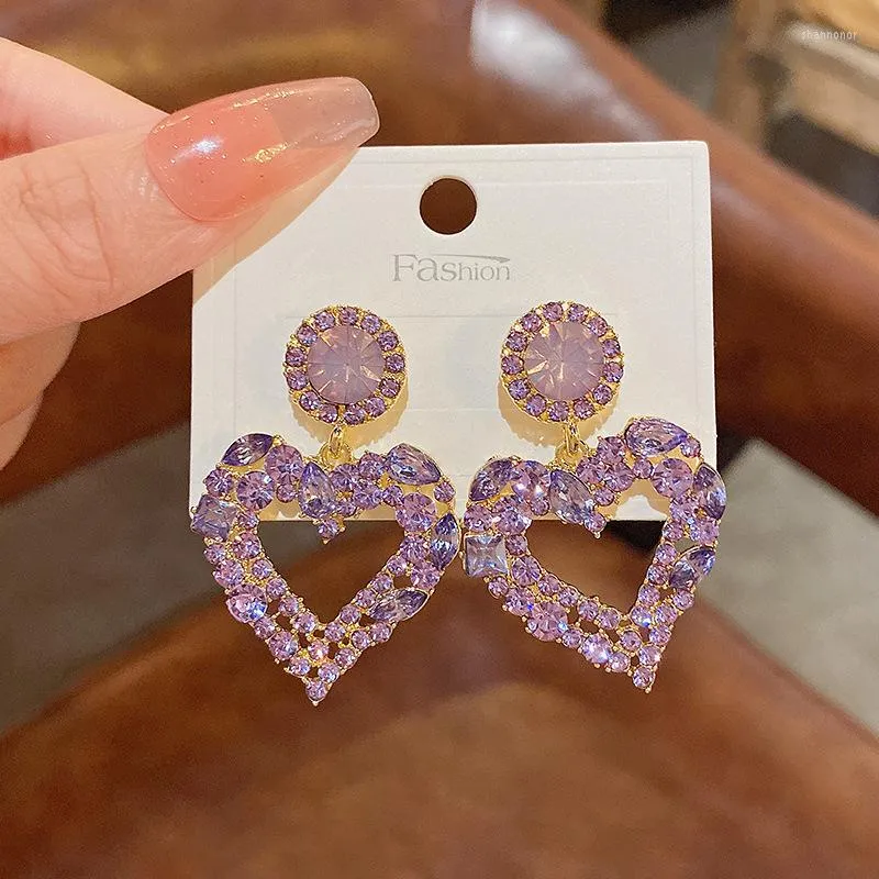 Stud Earrings S925 Silver Needle Purple Crystal Exaggerated Love For Women Light Luxury Niche High-end Design Sense