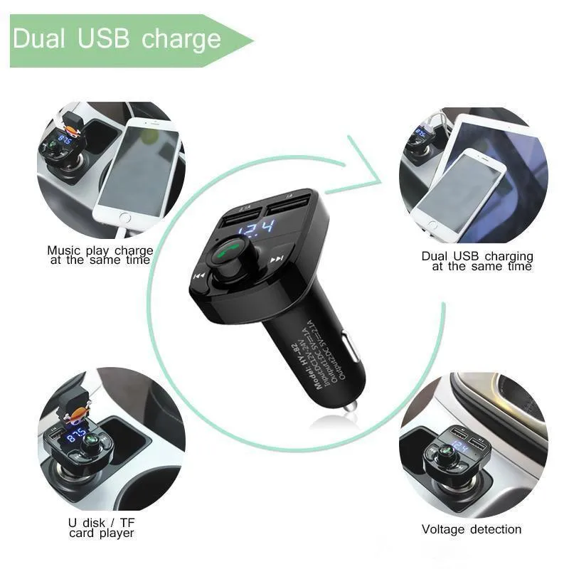 Modulator Chargers Bluetooth Handsfree Car Kit Audio Player Charge Dual USB Charger för iPhone 13 12 11 Pro Max X 8 7 Plus och 11 LL