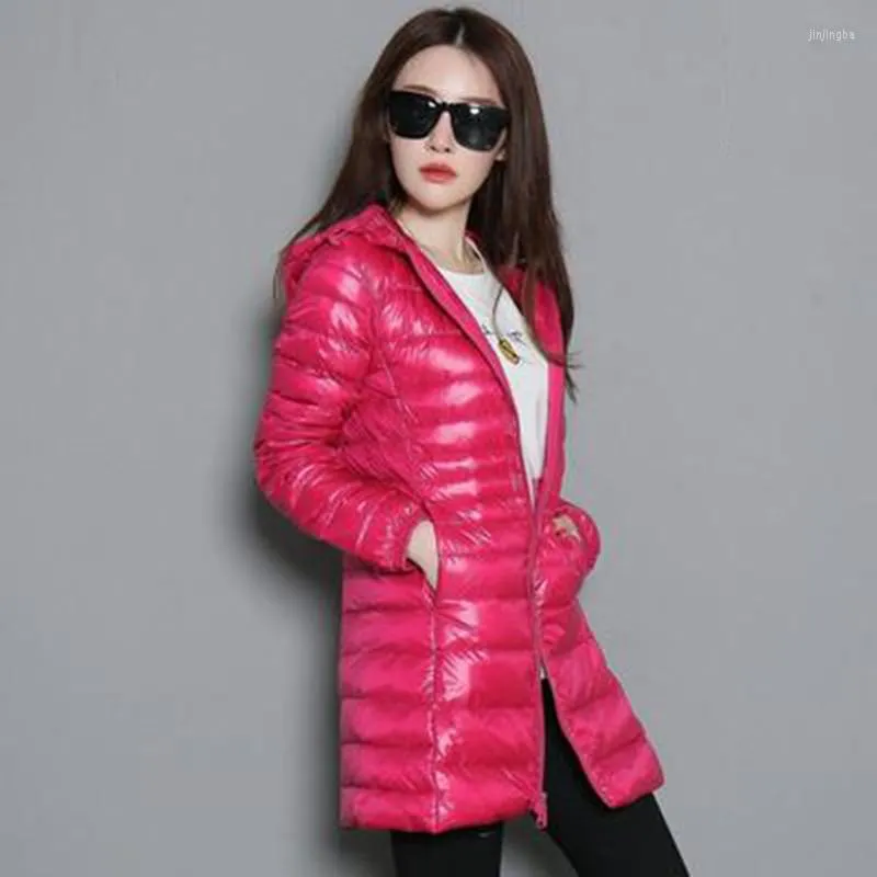 Damesjassen Winter Dames Witte Duck Down Down Parka Candy Color Soft Long Jacket Outport Ultralight Hapleed Caputeed Coats