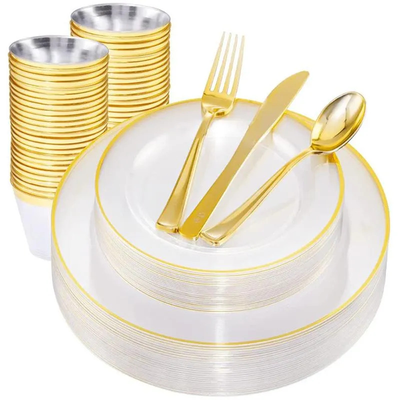 Wegwerpbedrijf Golden Party servies Set Plastic plaat Cup Zilverwerk Volwassen Verjaardag Wedding Bachelordecoratie Baby shower