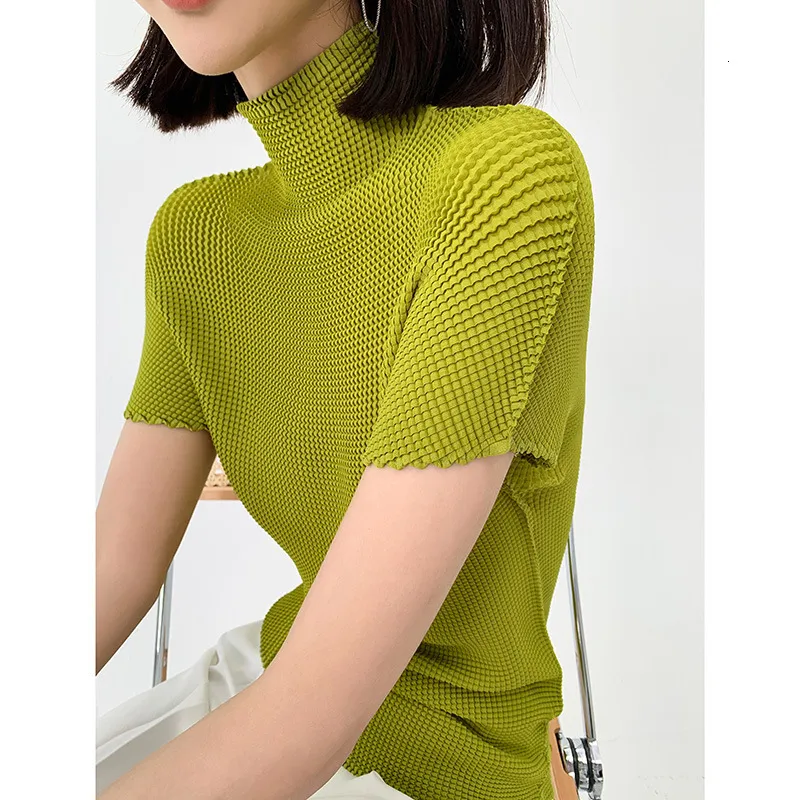 Women's T-Shirt Summer Avocado Green Short Sleeve Stand Collar Top Miyak fold Fashion plus size high elastic women's short-sleeved T-shirt 230314