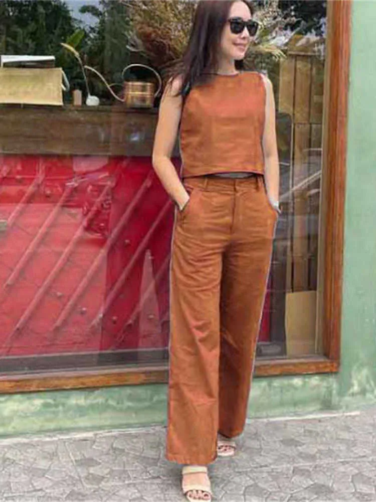 2023 Summer Womens Cotton Linen Set In: Crop Top And High Waist Wide Leg  Pants Suit Oversized Chic Outfit L230314 From Yanqin03, $28.89