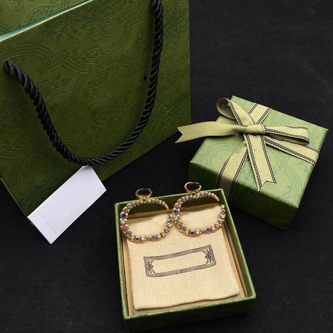 Luksusowe złote kolczyki sztyfty Projektant kobiet Hoop kolorowe diamentowe kolczyki Stud podwójne kolczyki listowe biżuteria z pudełkiem na prezent