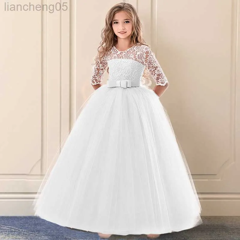 Mädchenkleider 2023 Neue Teenager-Mädchen Prinzessin Spitze Solides Kleid Kinder Blumenstickerei Kleider Für Mädchen Kinder Abschlussball Party Tragen Rotes Ballkleid W0314