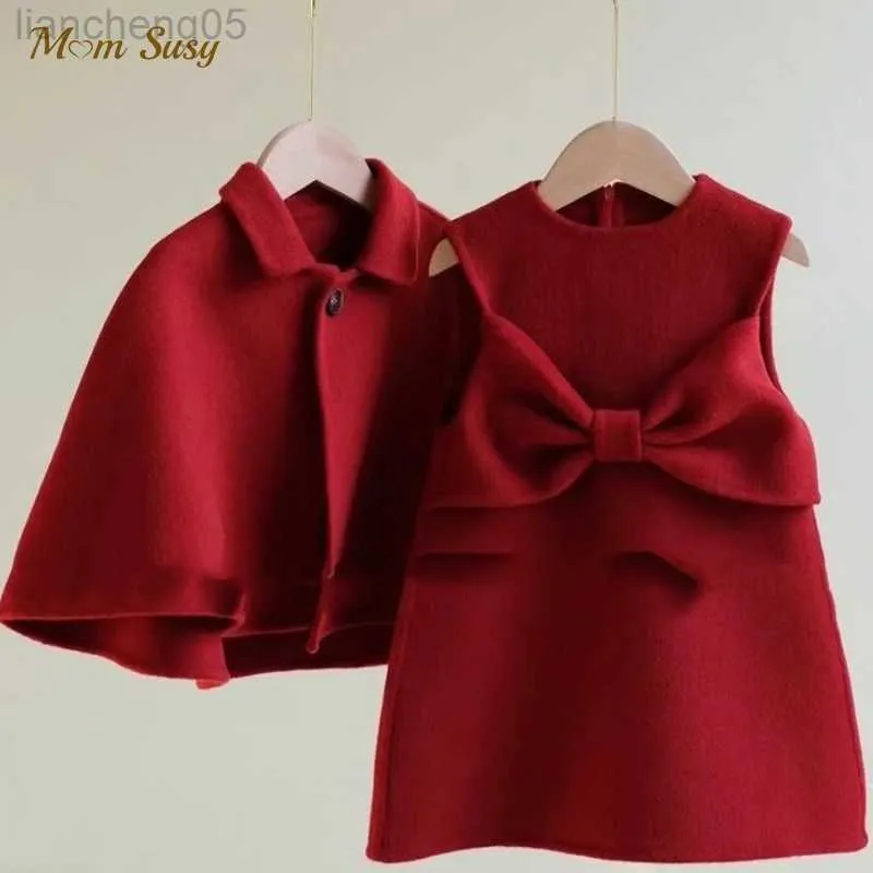 Girl's Dresses Baby Girl Princess Wool Cloak Bow Dress Winter Spring Autumn Child Princess Collar Cape Dress Xmas New Year Baby Clothes 1-12Y W0314