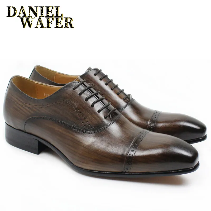 Formale Herren-Oxford-Schuhe im klassischen Stil zum Schnüren mit spitzer Kappe und Brogue, lässig, für Büro, Hochzeitskleid, echtes Leder für Herren