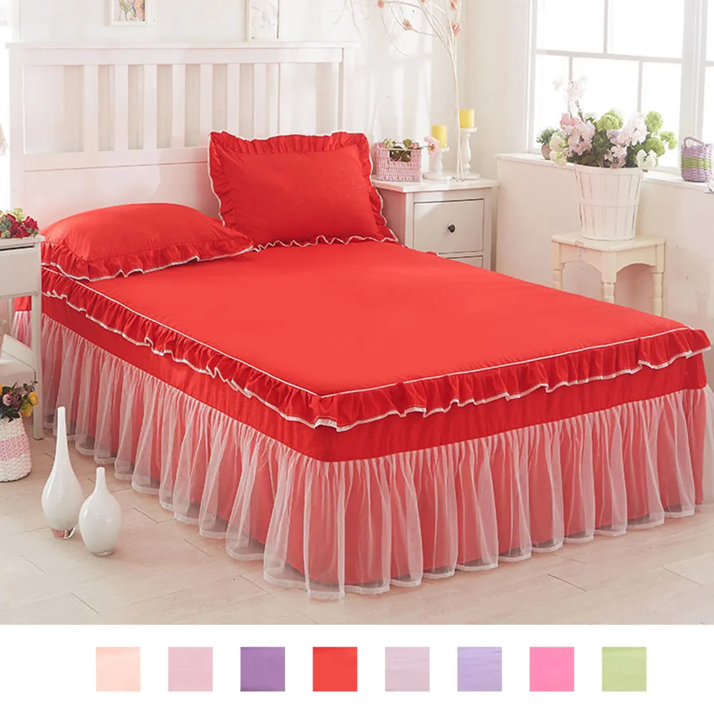 Saia de cama renda rosa Lotus folhas de renda Saias de cama Princesa estilo sólido colorido colcha capa saia lençóis não deslizantes para capa de cama de menina 230314