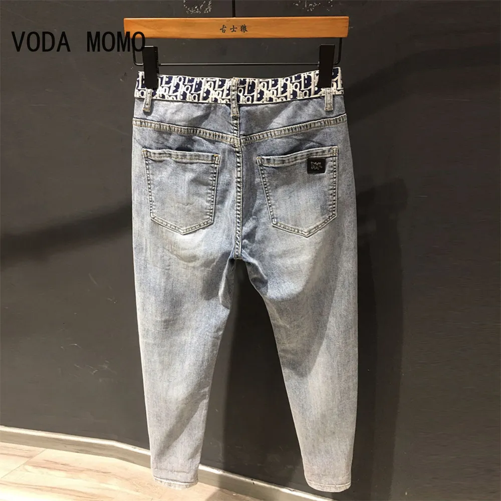 Mens Jeans Ripped Denim jeans mens trendy brand loose summer thin elastic feet pants mens Korean harem teenagers cropped pants 230313