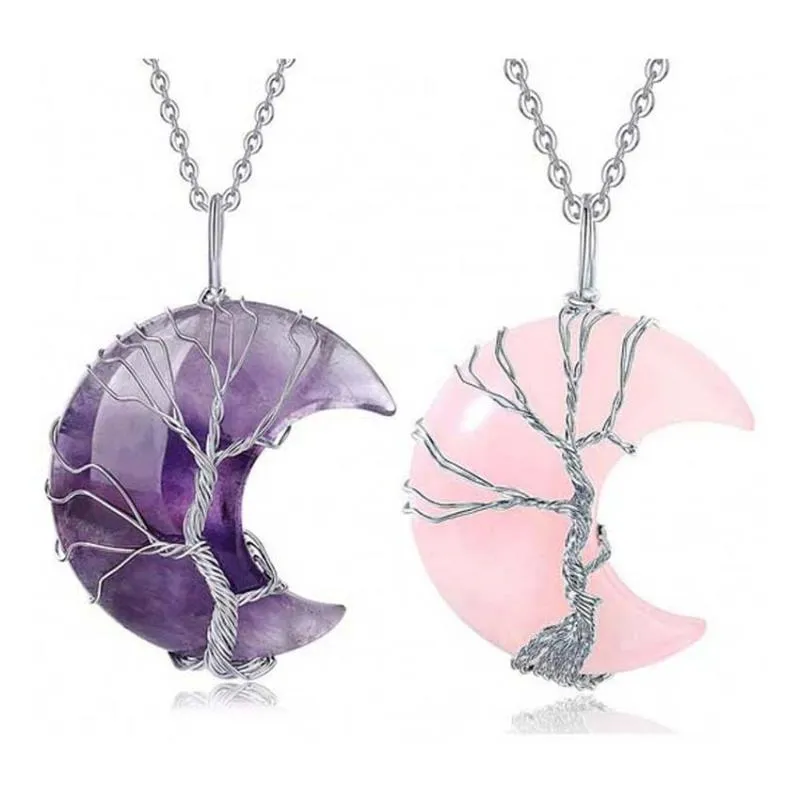 Pendentif Colliers KFT Arbre De Vie Croissant De Lune Collier Fil De Cuivre Enroulé Cristal De Guérison Naturelle Quartz Reiki Pierre Chaîne