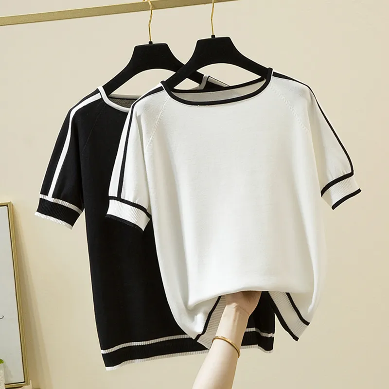 Women's T-Shirt Camisetas Mujer Thin Knitted T Shirt Women Short Sleeve Summer Tops Woman Clothes Striped Fashion T-Shirt Tee Shirt Femme 230314