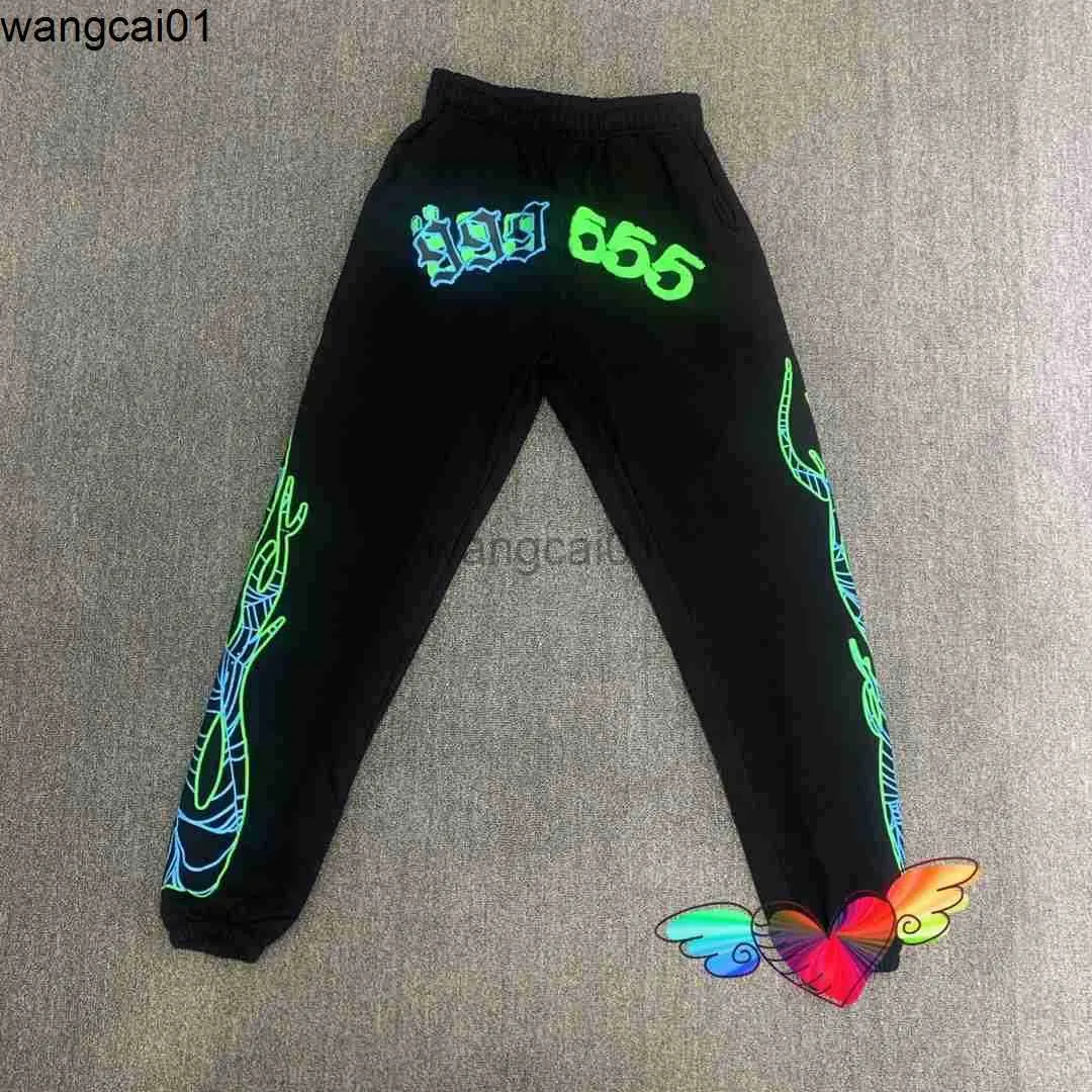 Wangcai01 Herenbroeken 2021 555555 Sweatpants Men Women Fluorescent Green Spider Web Graphic Flame Print SP5Der 555555 broek Joggers broek 0315H23