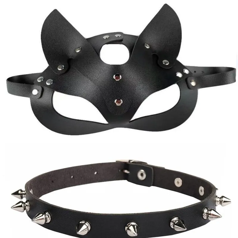 Maschera Collana BDSM Bondage Restrizioni PU Pelle Gatto Maschera di Halloween Gioco di ruolo Giocattolo del sesso per uomini Donne Giochi cosplay