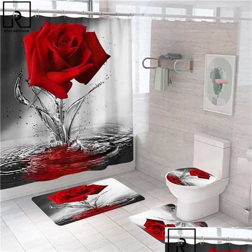 Duş Perdeleri Mavi Kırmızı Pembe Gül Baskı Perdesi Kancalar Banyo Mat Seti Antislip Yumuşak Banyo Halı Sevgilisi Sevgililer Ev Dekor Dhz1y