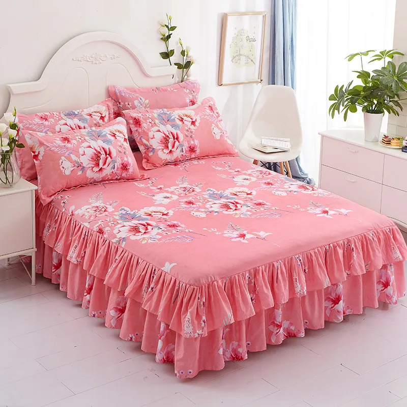 Bed Skirt Flowers Bed Sheet Dust-proof Lotus Leaf Non-slip Bed Skirt Spring Summer Home Bedspread Broken Flower Bed Skirt 2 Pillowcase 230314