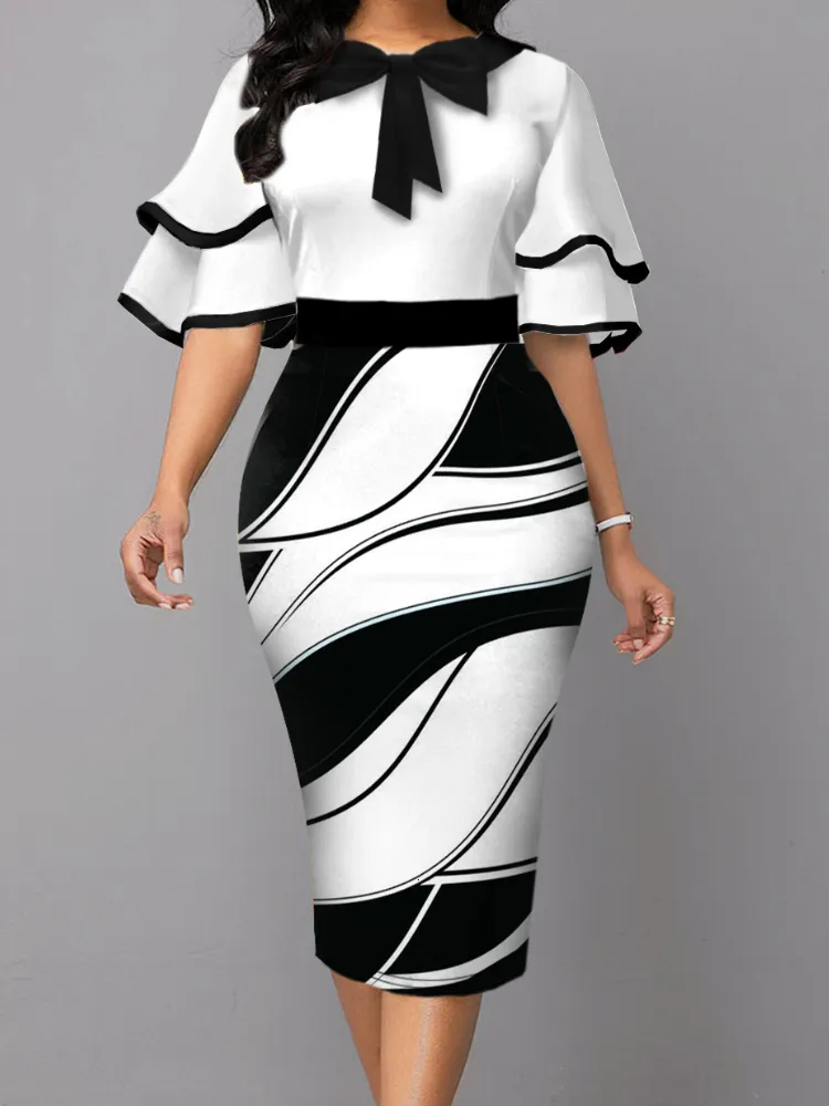 Party Dresses BodyCon Print Dresses for Women Black and White Ruffle Sleeve Midi Robes Bowtie Package Hip Elegant Slim Fit Autumn Vestido 230314