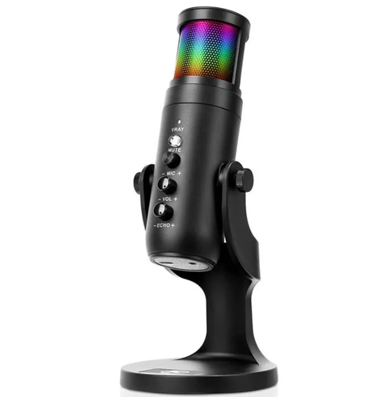 USB -mikrofonkondensorspel för PC/MAC/PS4/PS5/Telefonmikrofon med lysande RGB -belysnings hörlurar Output Volymkontroll Mute -knappen för streaming Podcast YouTube