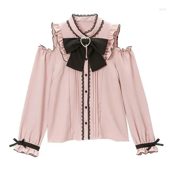 Kvinnors blusar m-4xl spets båge lång ärm tröjor girly jk kawaii topps blus japanska våren höst kvinnor harjujuk söt lolita elegant