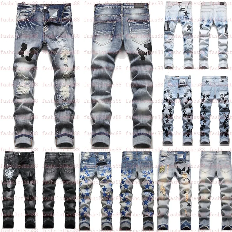 Jeans herr European Jean Broken Hombre Letter Star Herr Broderi Patchwork Rippad För Trend Märke Motorcykelbyxa Herr Skinny