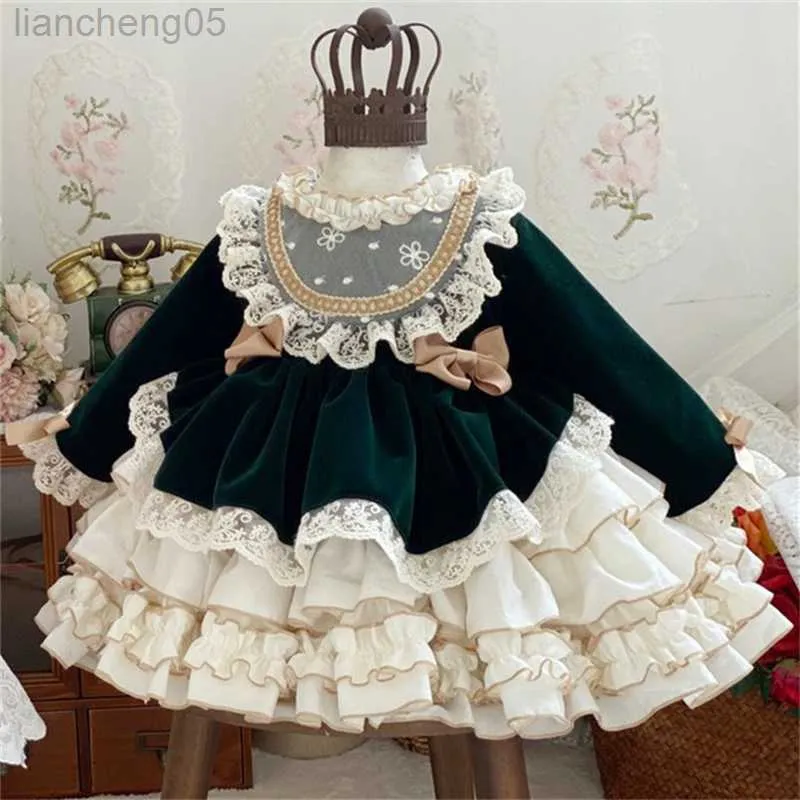 Mädchenkleider Baby Mädchen Frühling Herbst Samt Vintage Spanisch Pompom Ballkleid Prinzessin Lolita Kleid Kinder Mädchen Weihnachten Geburtstag Eid Kleid W0314