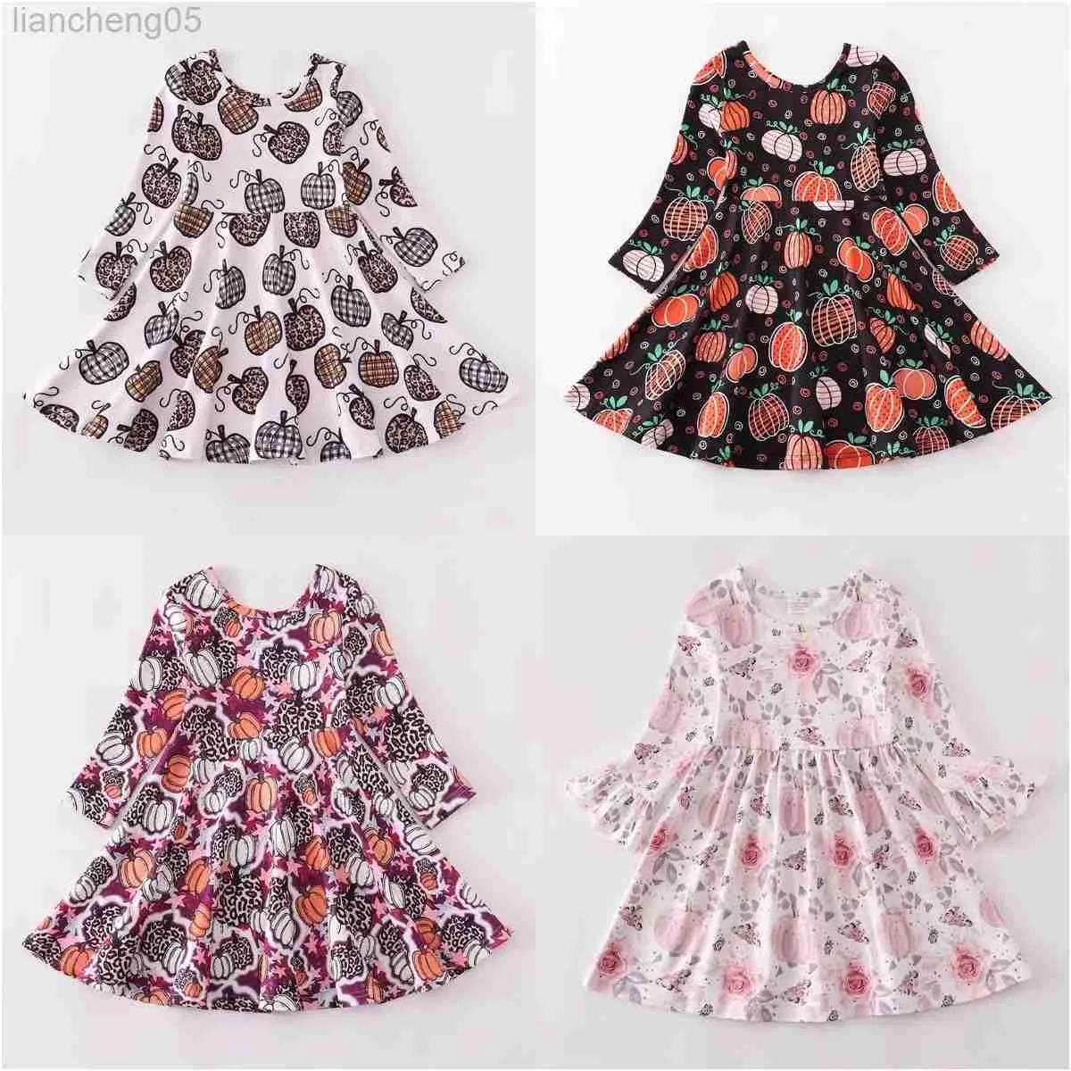 Robes Fille Girlymax Automne Halloween Bébé Filles Enfants Enfants Vêtements Lait Soie Floral Ferme Citrouille Imprimer Twirl Robe Longueur Au Genou À Manches Longues W0314