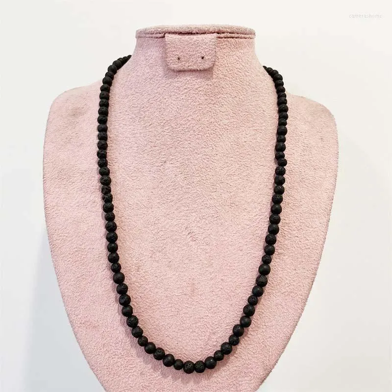 Chains 6MM Round Black Rock Volcanic Necklace Natural Stone Lava Chocker Beaded Woman Mother Daughter 30/35/40/45/50/55cm