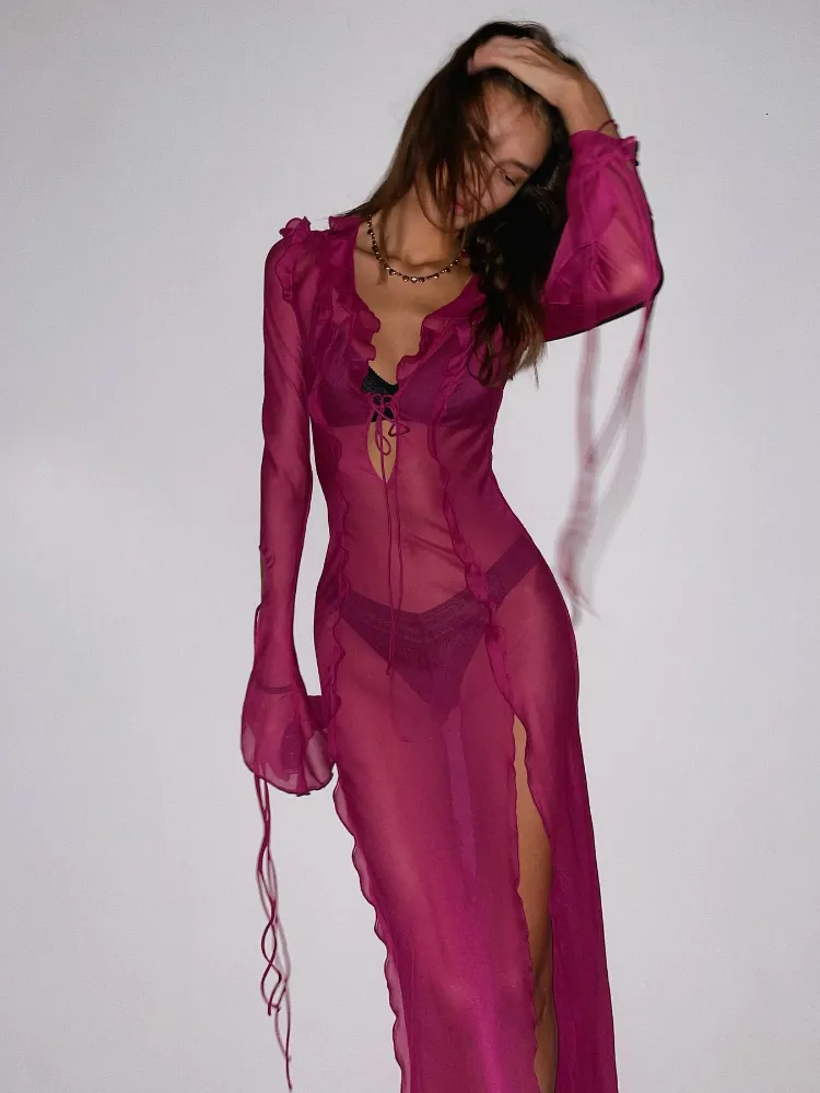 Повседневные платья Mesh Beach Summer Women Elegant Bangage Ruffles Slim Maxi Sexy See See There Through Club Club наряды от отдыха Rose 230313