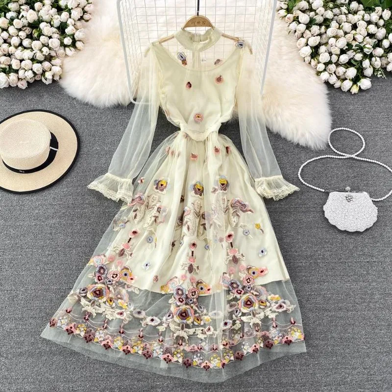 Work Dresses Banulin Summer Runway Two Piece Set Women Stand Collar Long Flare Sleeve Chic Mesh Embroidery Flower Holiday Dress N927