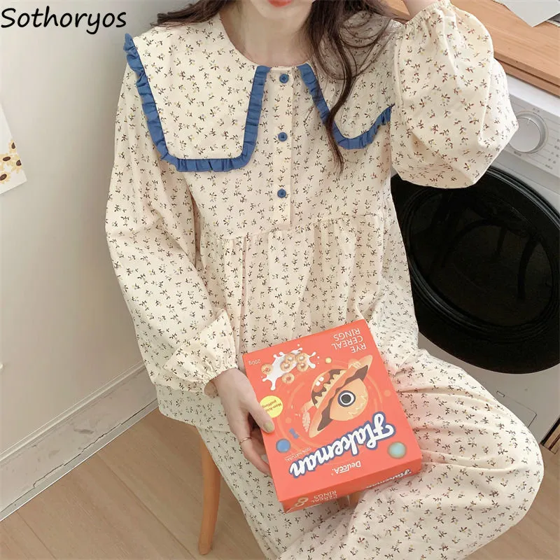 Frauen Nachtwäsche Pyjama Sets Frauen koreanischer Stil Schöne Vintage Cosy Ladies Schoolgirl Einfacher Druck Süß