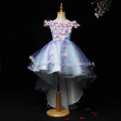 Girl's Dresses Light Blue Tulle Princess Ball Gowns Wedding Tutu Dress for Girl Beading Appliques Party Flower Girl Dresses Trailing Prom Gowns W0314