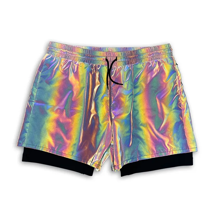 Shorts masculinos Moda de cor reflexiva colorida Mudança de hip hop luminous jogging esportes seguros run run ioga calças de fitness 230313