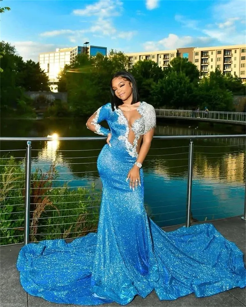 Lake Blue Mermaid Cinderellas Prom With Beaded Appliques For Black