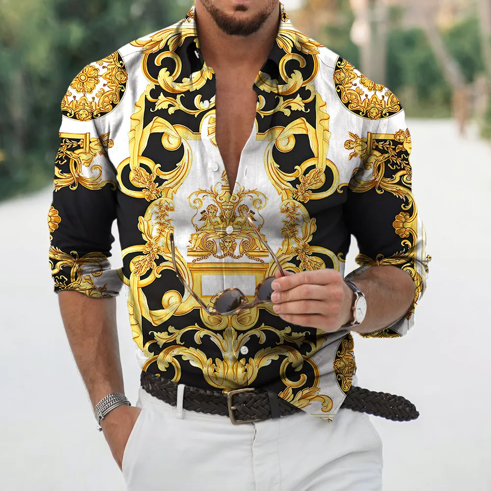 Мужские повседневные рубашки осенние рубашки барокко для мужчин 3D барокко с длинным рукавом роскошная социальная рубашка V-образное вырезок негабаритные топы футболка рубашка Homme осенняя одежда 230313