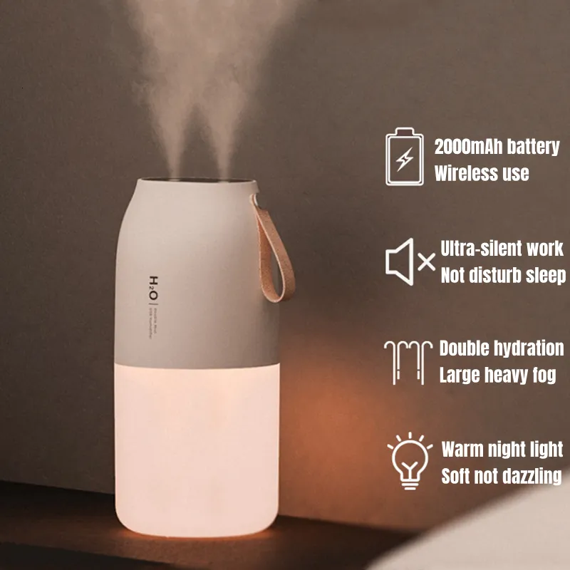 Nawilżacze 300 ml Podwójny opryskiwacz Nawilżacz powietrza 2000 mAh Akumulator USB Bezprzewodowy aromat Mist Maker Fogger Dyfuzor Light Umidificador 230314