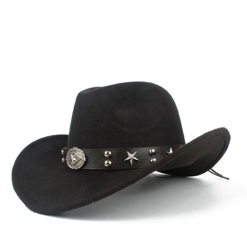 Basker kvinnor män ull ihålig västerländsk cowboy hatt roll-up brim gentleman utsättningen sombrero hombre jazz cap leateer beltberets