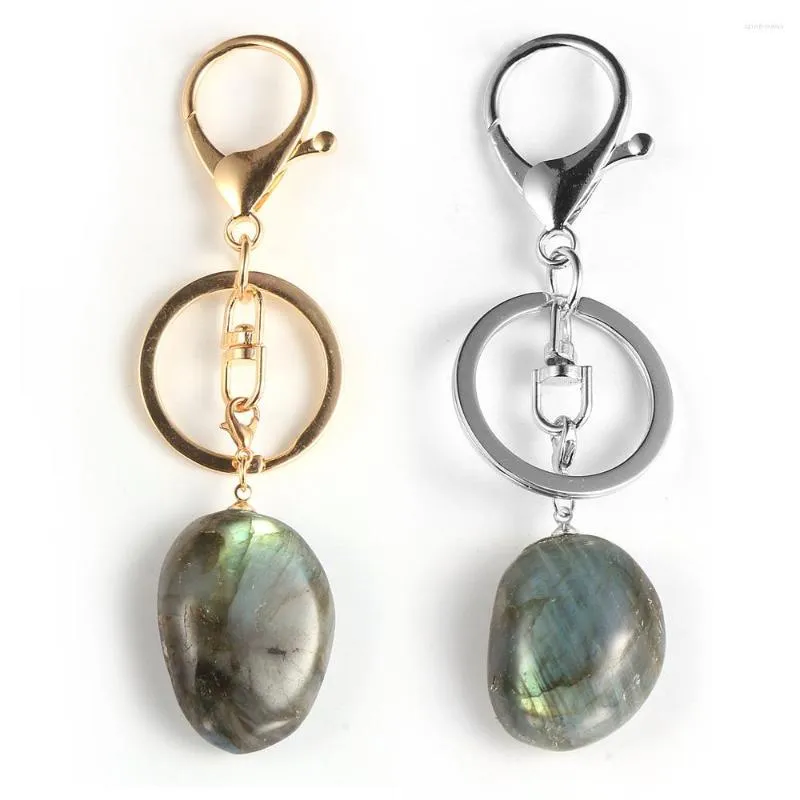 Keychains Women Men Natural Gem Moonstone Oregelbundet Labradorite Key Rings Gold Silver Color Chain Metal Lobster Clasp Keyring Smycken