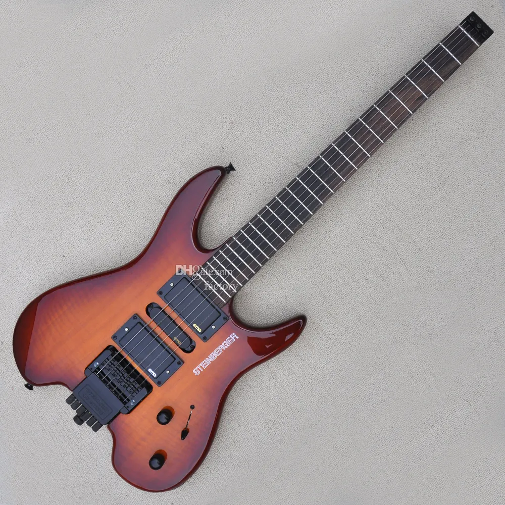 Guitare électrique sans tête d'usine avec fourgon en paliers en paliers en palissandre en rose 24 Frères Free Flame Maple Le placage peut être personnalisé