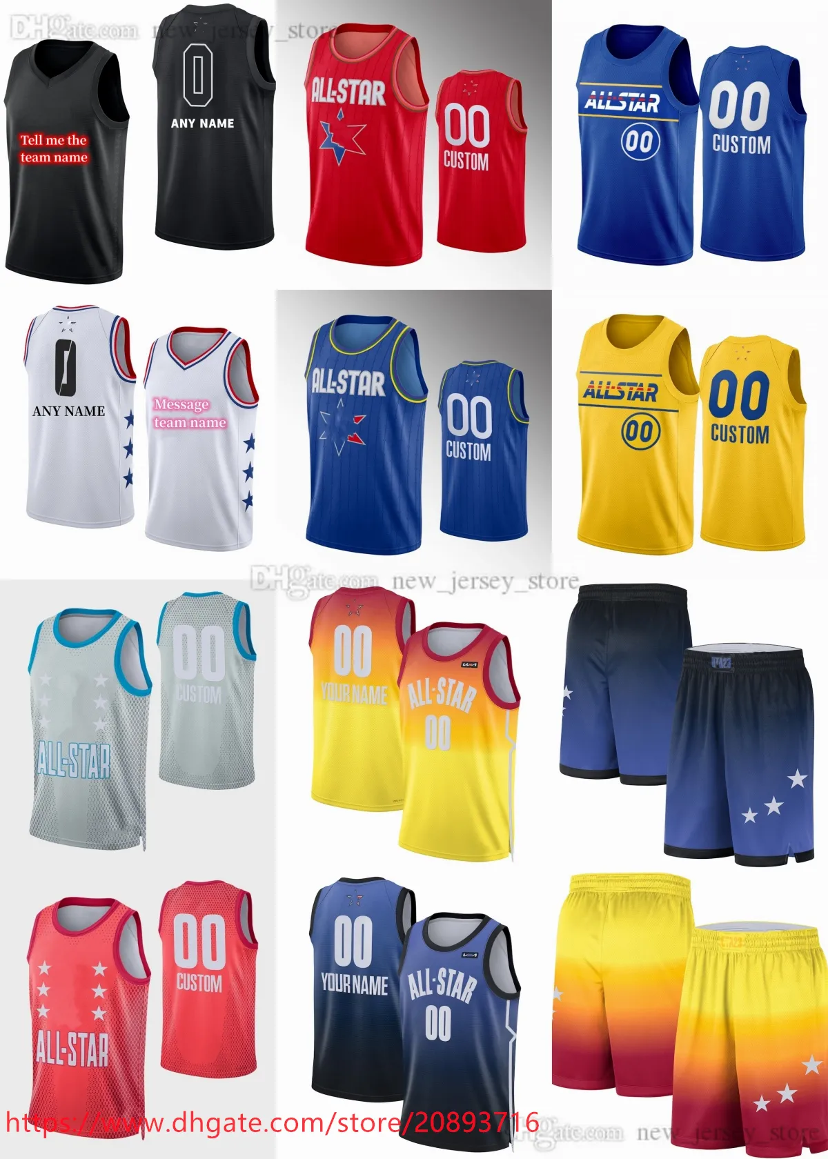 Maillots de basket-ball imprimés All-Star personnalisés NCAA 2018-2023 avec 6 patchs blanc jaune noir rouge bleu orange. Message N'importe quel numéro et nom sur la commande