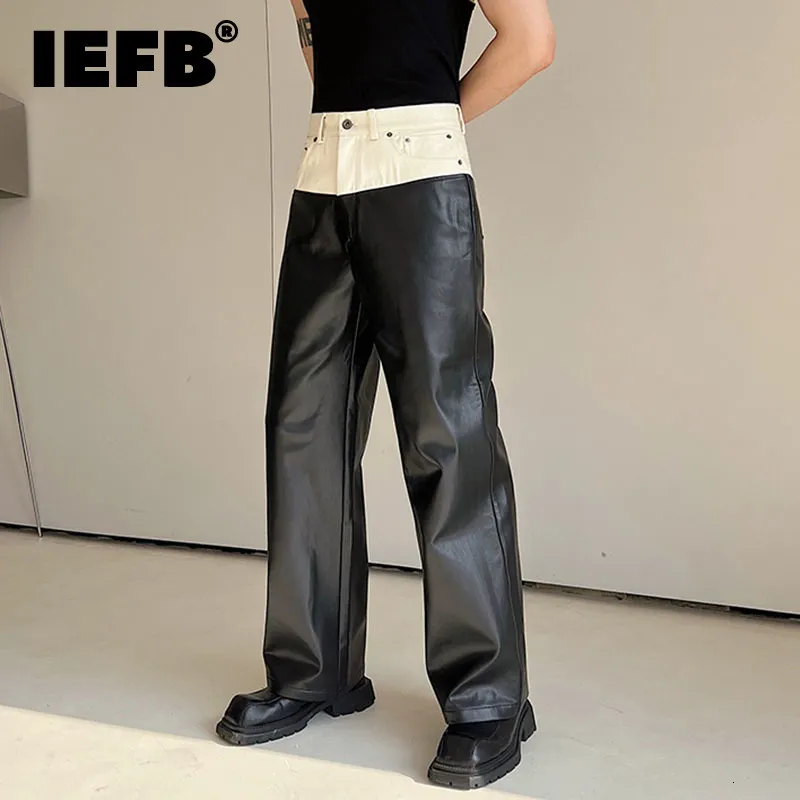 Mens Pants IEFB Designer denim Matchande PU -läderfärgkontrast mångsidig raka byxor 2023 Wide Leg Male Byxor High Street 9A7434 230313