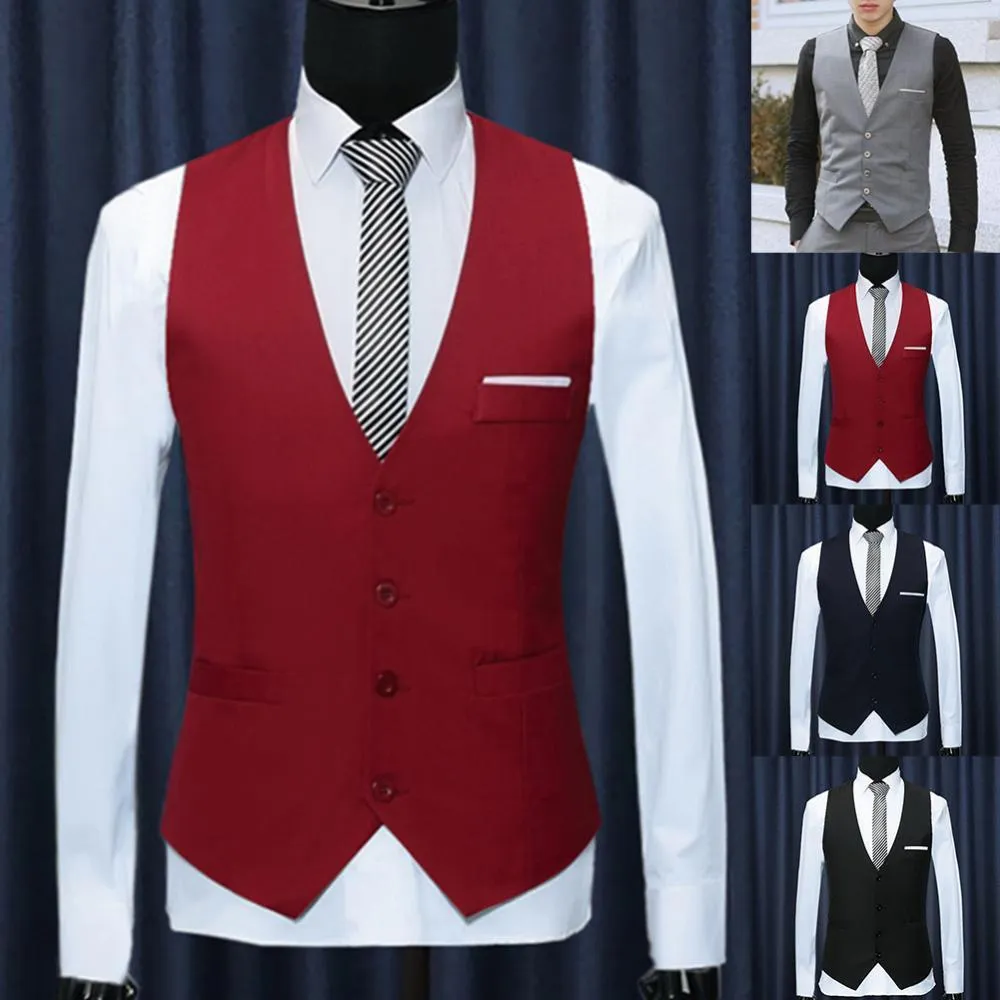 Mens Vests Men Formal Waistcoats Dress Suit Vest Slim Three Button Polyester Spandex Vest Men Casual ärmlös brittisk Autumnn Suit ves 230313