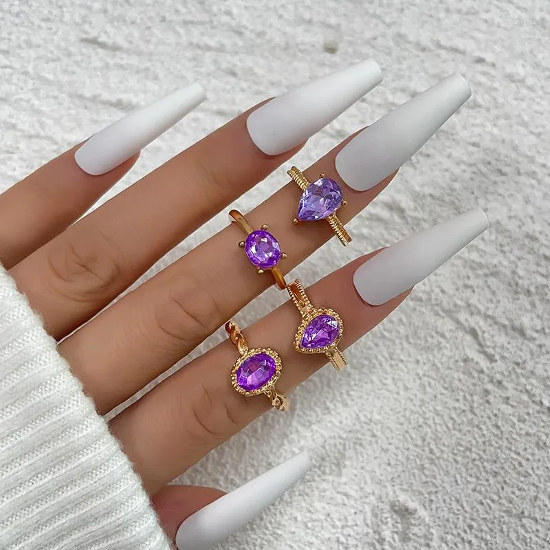 Wedding Rings Verklaring Purple Crystal Finger Ring Set Luxe knokkel voor vrouwen Girl Trendy Charm Bridal Party sieraden geschenken