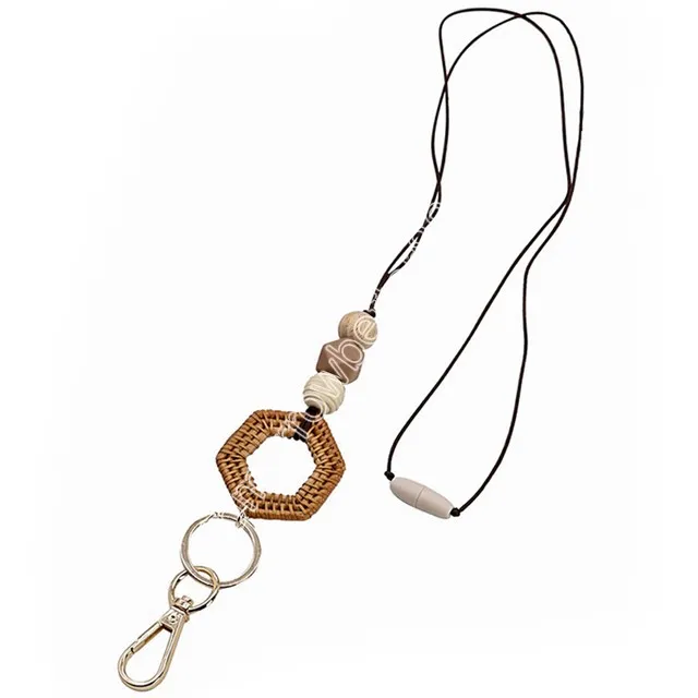 Yeni Rattan Ahşap Bead Lanyard Keychain Çalışma Kimliği Rozeti Kolye Boho Hemşire Öğretmen Charm Hediye Boncuk Kolye Aksesuar