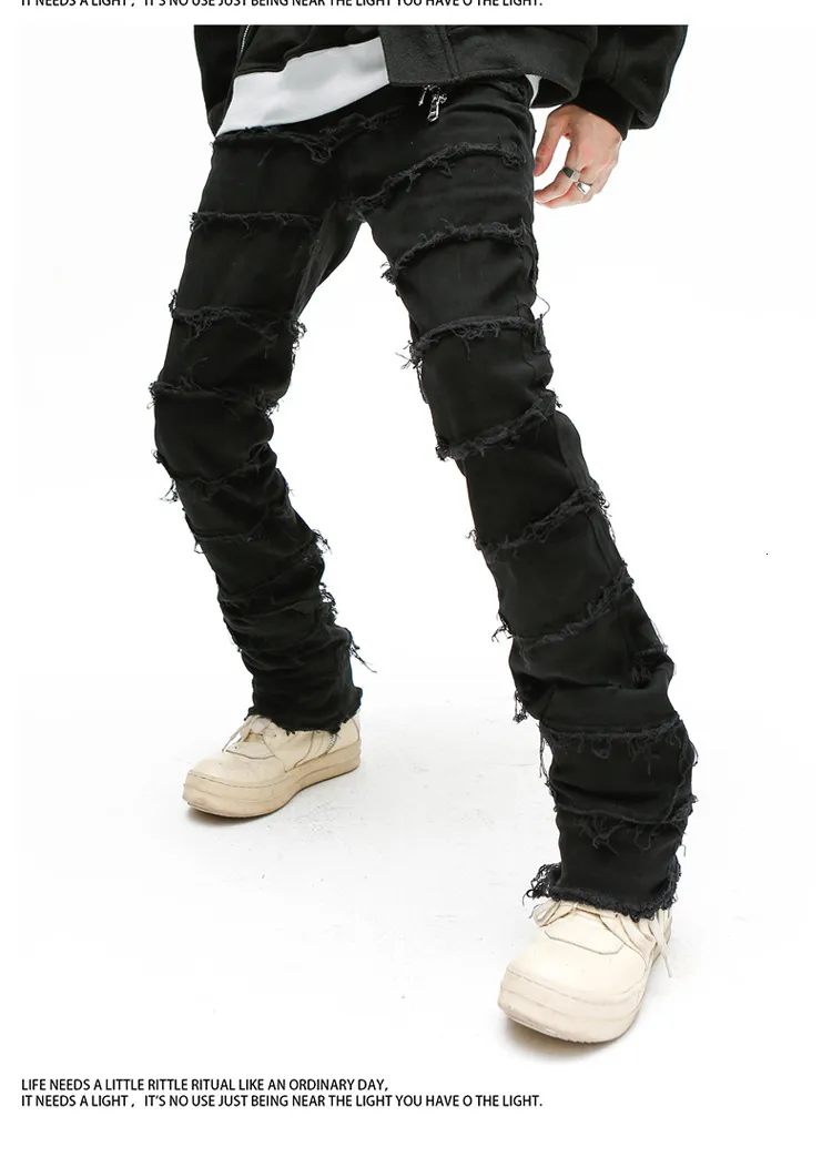High Street Retro Black Stacked Jeans Mens With Frayed High Street Retro Black Stacked Jeans Mens With Frayed