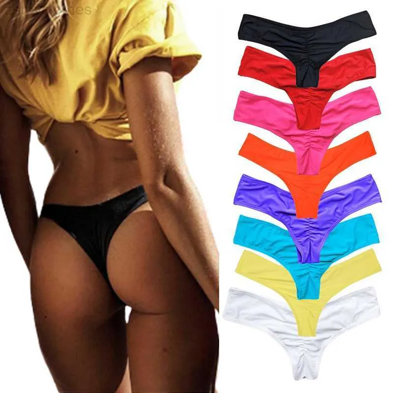 Women's Swimwear Fashion Ladies Thong Swim Trunks Multiple Colors Solid Color Pleated Thong Swimwear Women Swim Trunks Bikini Swimwear