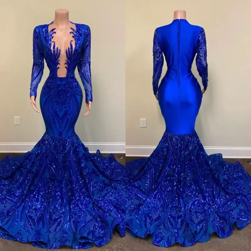 Bleu Royal sirène robes de bal paillettes de dentelle scintillante manches longues filles noires robe de soirée de célébrité africaine BC11820